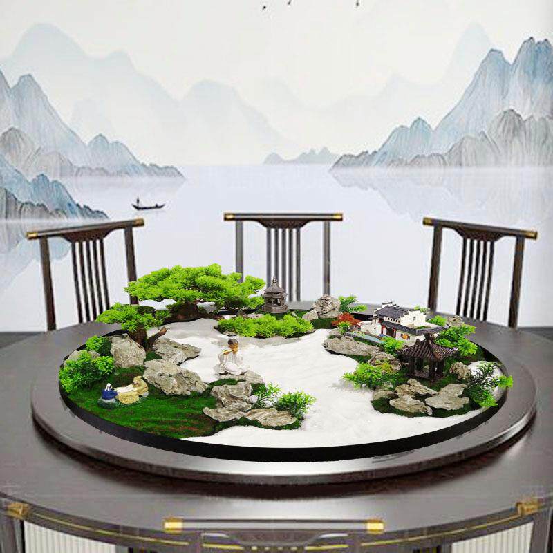 酒店中式大转盘餐桌中间仿真套装花艺绿植微景观室内餐厅套装摆件