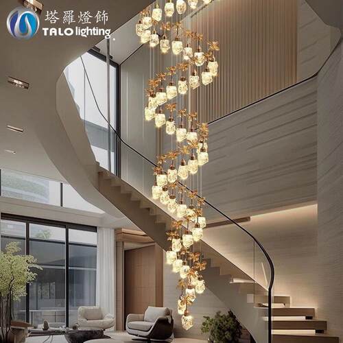 轻奢水晶楼梯灯复式楼挑空客厅吊灯loft别墅公寓旋转楼梯间长吊灯