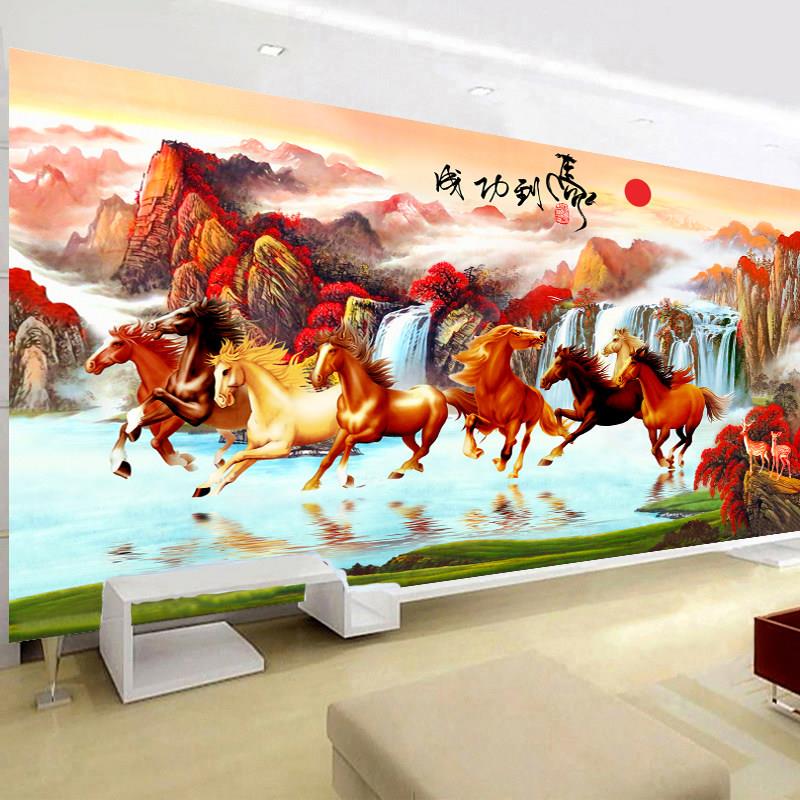 八骏图钻石画满钻风景山水画5D八匹马2020新款客厅十字绣马到成功
