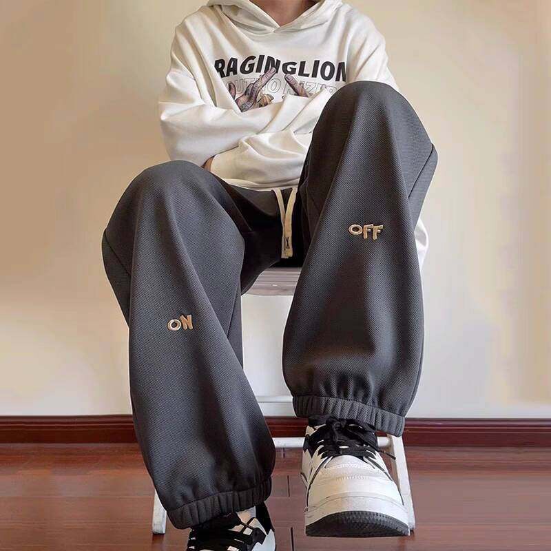 仓石一树潮牌刺绣卫裤男秋冬宽松美式重磅加绒加厚休闲运动长裤子