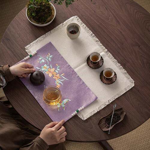 宜物宜心国风布艺刺绣茶巾茶布茶道配件家用小众茶席干泡席茶几垫