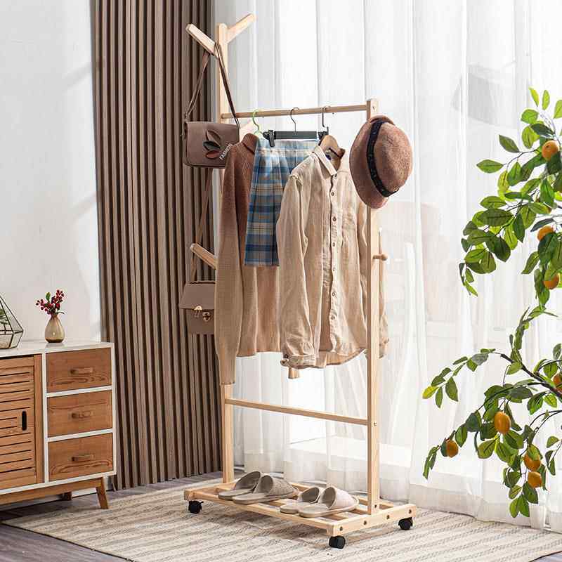 简约实木衣帽架落地式带滚轮可移动衣架卧室试衣间衣帽收纳置物架
