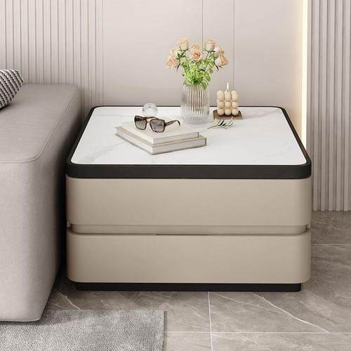 客厅沙发边柜轻奢新款移动高级侧边实木岩板皮质夹缝简约现代茶几