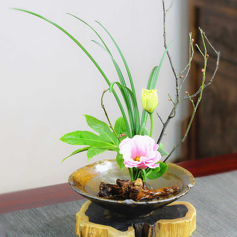 紫砂花盆中式禅意插花器皿粗陶花盘茶席室摆件水培东方插花写景盆