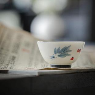 玉泥白瓷手绘青花主人杯 青己 功夫茶具长辈家用茶杯单杯百财好事