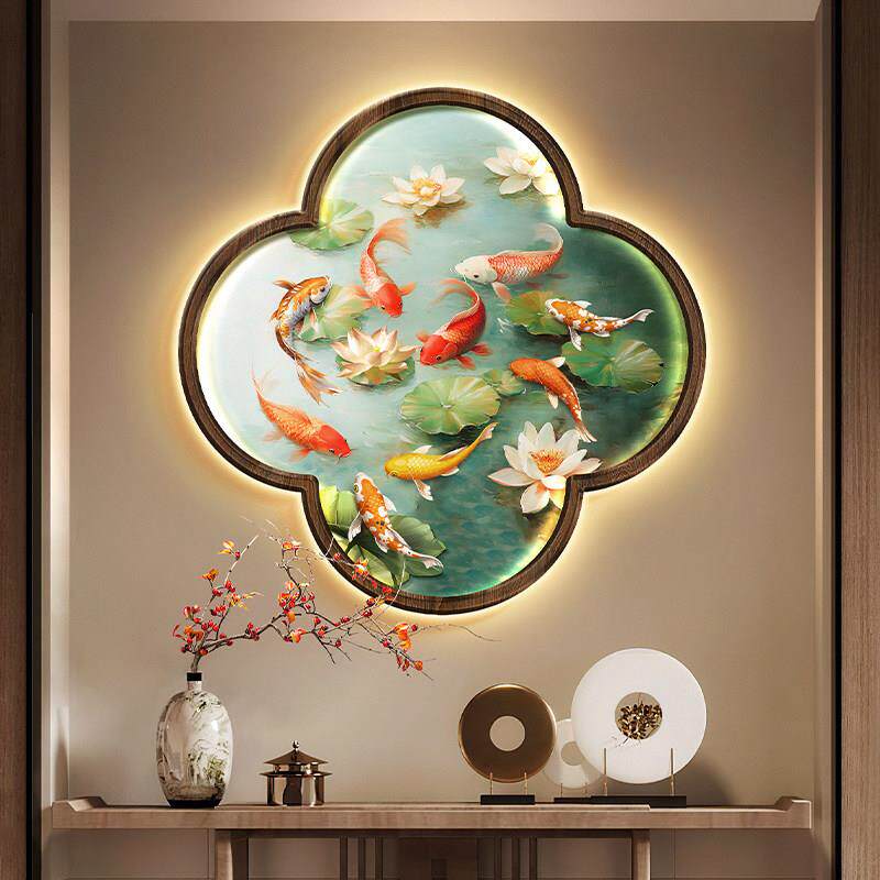 新中式九鱼图玄关装饰画荷花梅花形走廊挂画假窗户茶室背景壁画灯