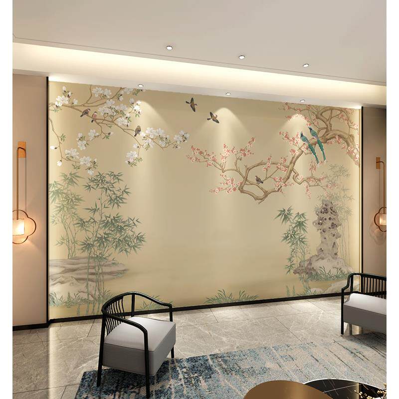 新中式古典花鸟装饰护墙板竹木纤维电视背景墙板客厅卧室集成墙板