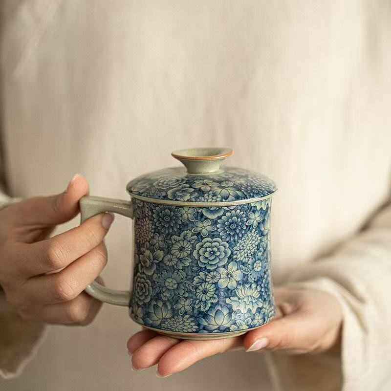 仿宋汝窑青花万花自在水杯茶杯陶瓷带盖办公杯家用高档茶具泡茶杯