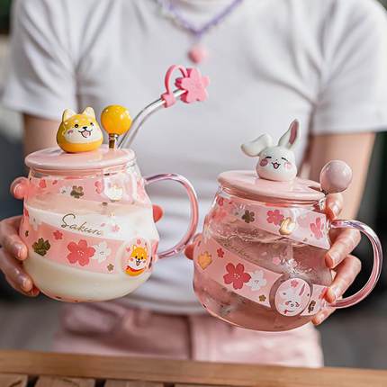 可爱粉色吸管杯带盖勺少女心喝水杯子办公室耐高温玻璃杯带把手