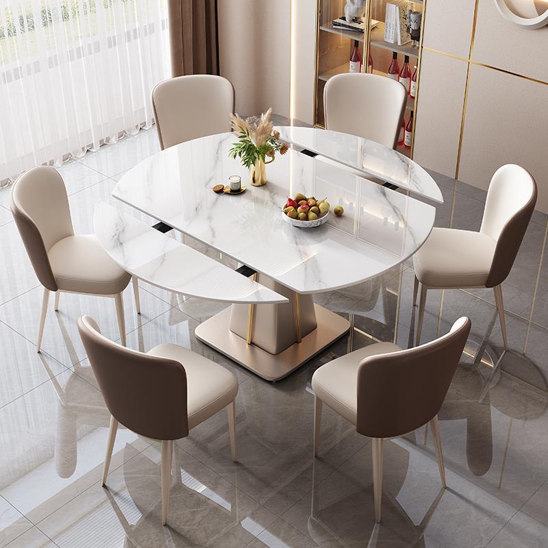 轻奢岩板餐桌椅组合现代简约家用小户型餐厅旋转方圆两用伸缩饭桌