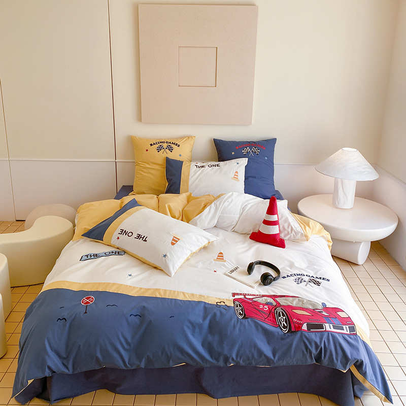 贴童1床上用品水洗布棉四件被套全运动8m卡通刺绣风赛车绣棉套儿.