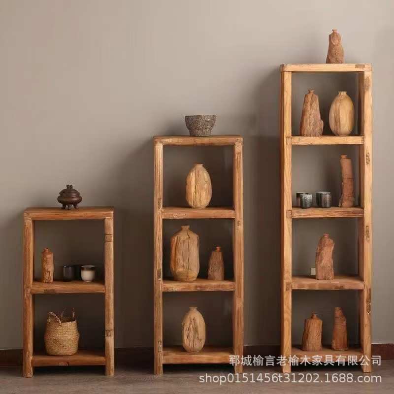 架榆木落地式风化架物置文玩架茶叶纹理老小型博古架实木家居收纳