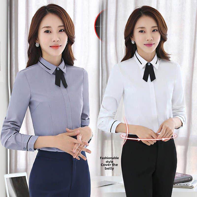 酒店前台服务员工作服丝绒白衬衫女士加码加码胖女孩瘦身装专业衬