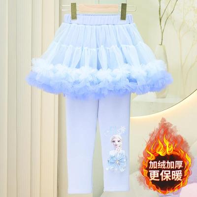 2025新款女童打底裤秋冬加绒加厚外穿裤裙网纱韩版假两件童裙裤潮