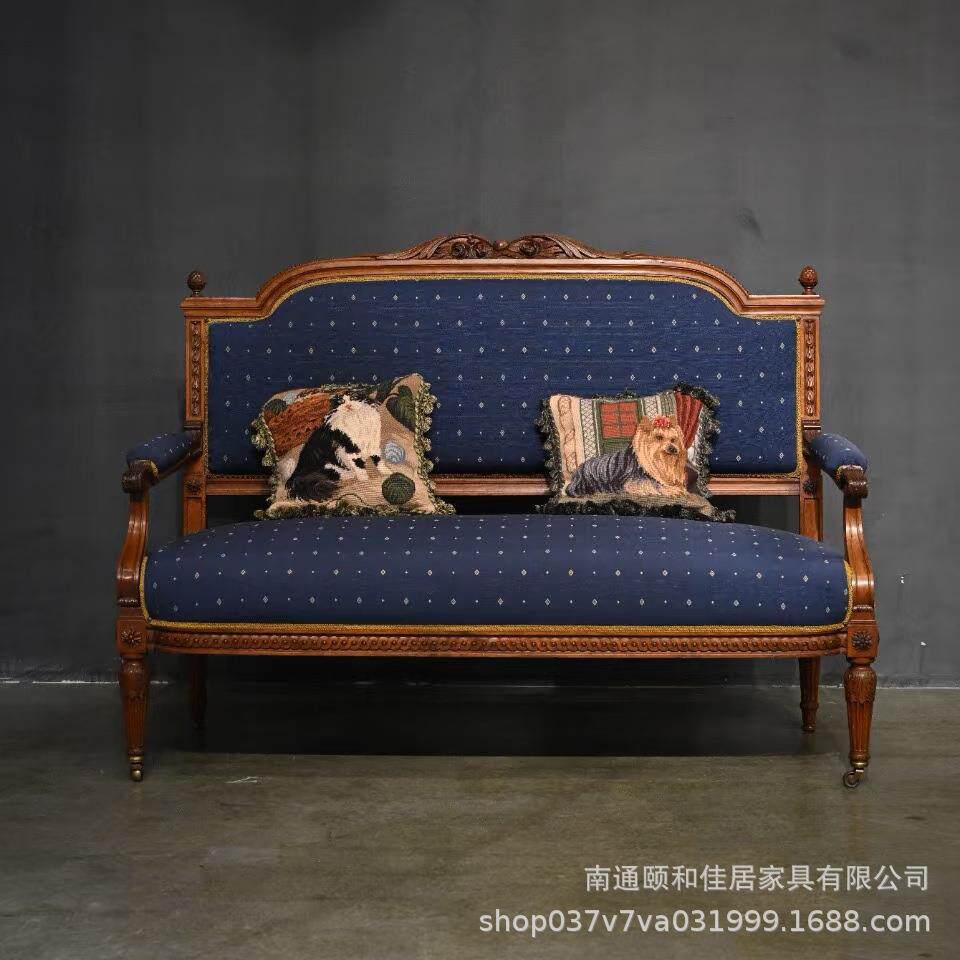 法式复古小户型实木沙发中古雕花双人椅古董沙发古典布艺坐垫沙发
