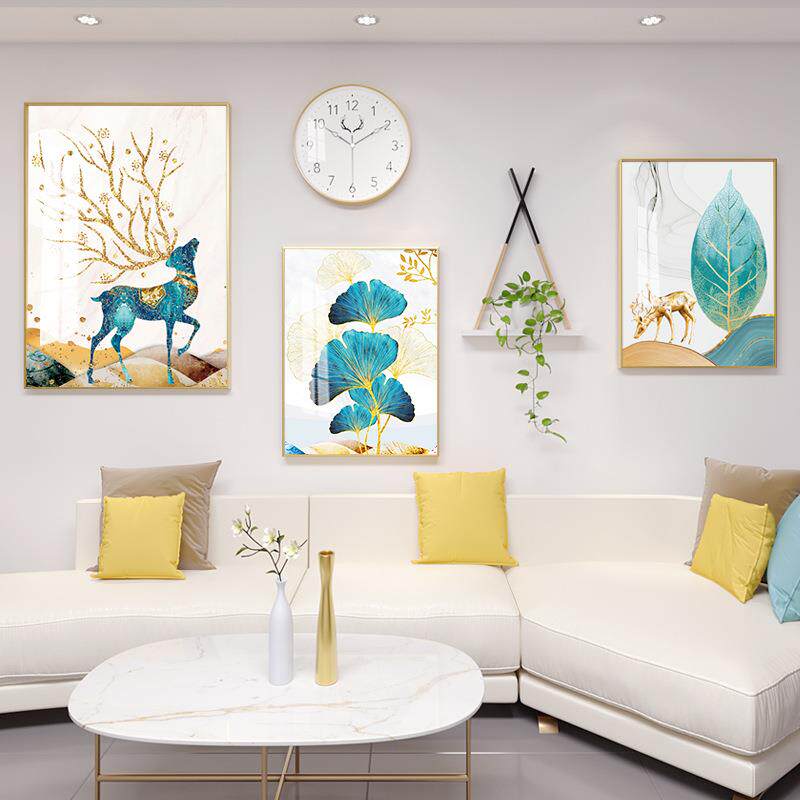 新中式客厅3框晶瓷铝合金装饰画钟表组合财鹿挂画卧室墙面饰品