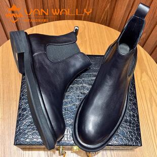VAN 加绒保暖真皮覆古切尔西靴 WALLY马丁靴高帮皮靴厚底短靴冬季