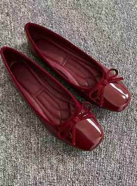 软皮浅口单鞋2025新款软底平底方头法式蝴蝶结红色女鞋晚晚奶奶鞋