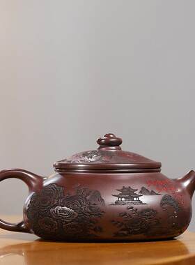 宜兴全手工原矿石红紫砂壶500cc大容量 锦绣寒江茶壶通身满刻茶具