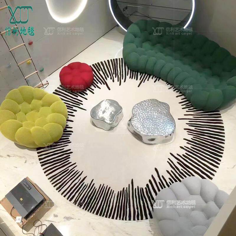 圆形地毯意式极简客厅黑色线条手工腈纶样板房卧室床尾毯羊毛混纺