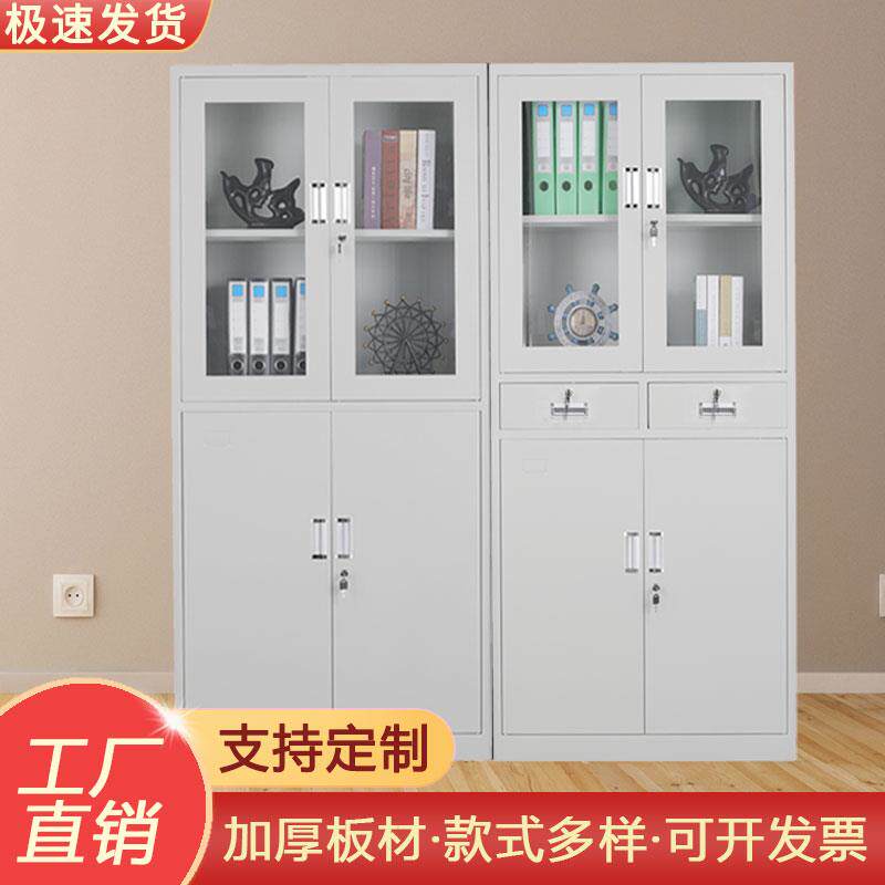 钢制铁皮文件柜玻璃门档案柜带锁抽屉柜办公室资料储物柜