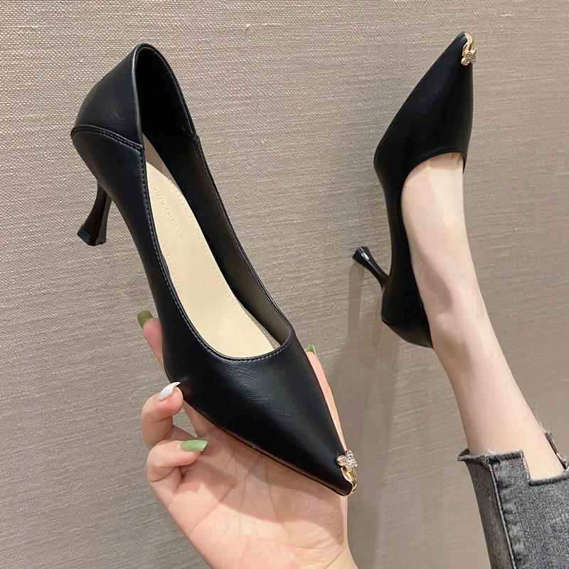 店主自留新款~黑色细跟高跟鞋女春秋小香风真皮尖头浅口气质单鞋