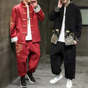 高端中国风中山装盘扣男装龙刺绣青年唐装套装复古棉麻禅服演出服