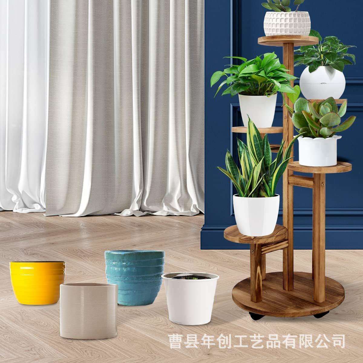 木质室内花架植物架多层落地绿萝花盆木架底部带旋转轮爬藤木花架