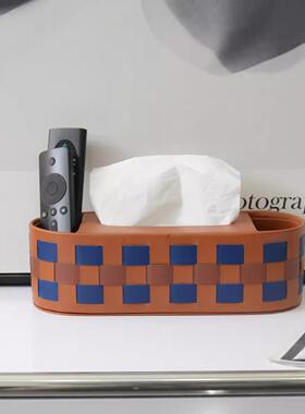 鸢尾蓝金棕BV盘人工编棋格J43-C皮质轻织奢客厅抽纸巾盒餐桌纸盒