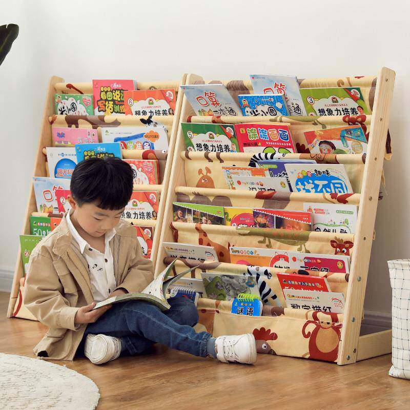 实木儿童书架布艺玩具收纳架宝宝幼儿园阅读区落地置物架绘本架