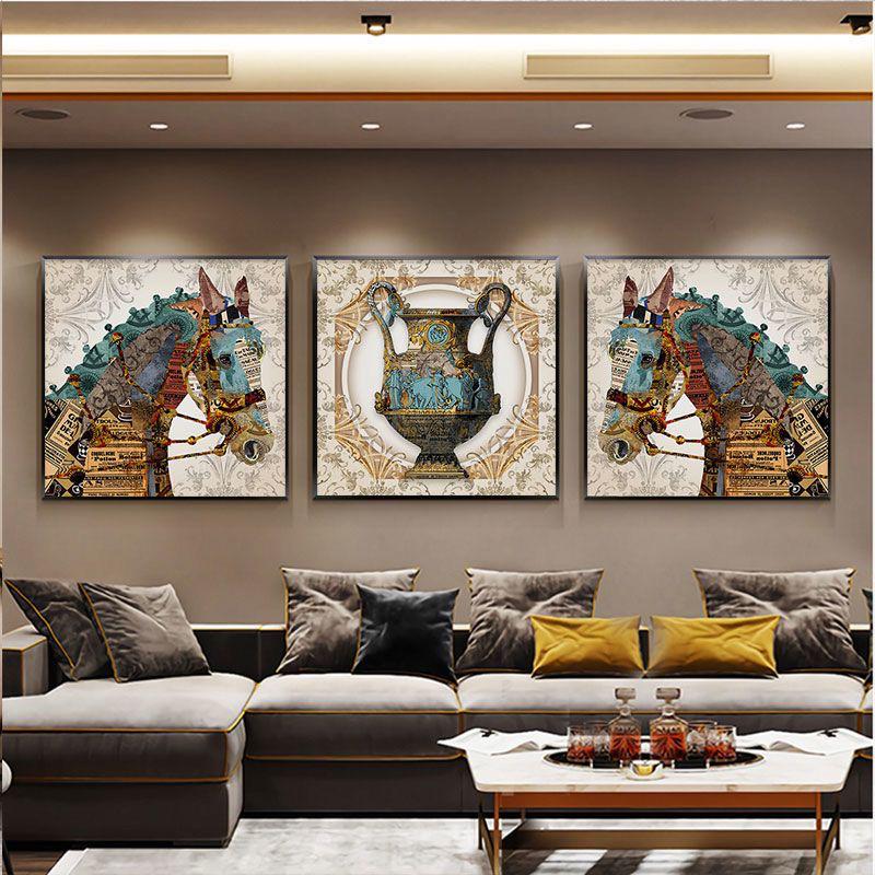 现代简约入户玄关装饰画客厅挂画美式复古餐厅骏马欧式墙壁挂画图片