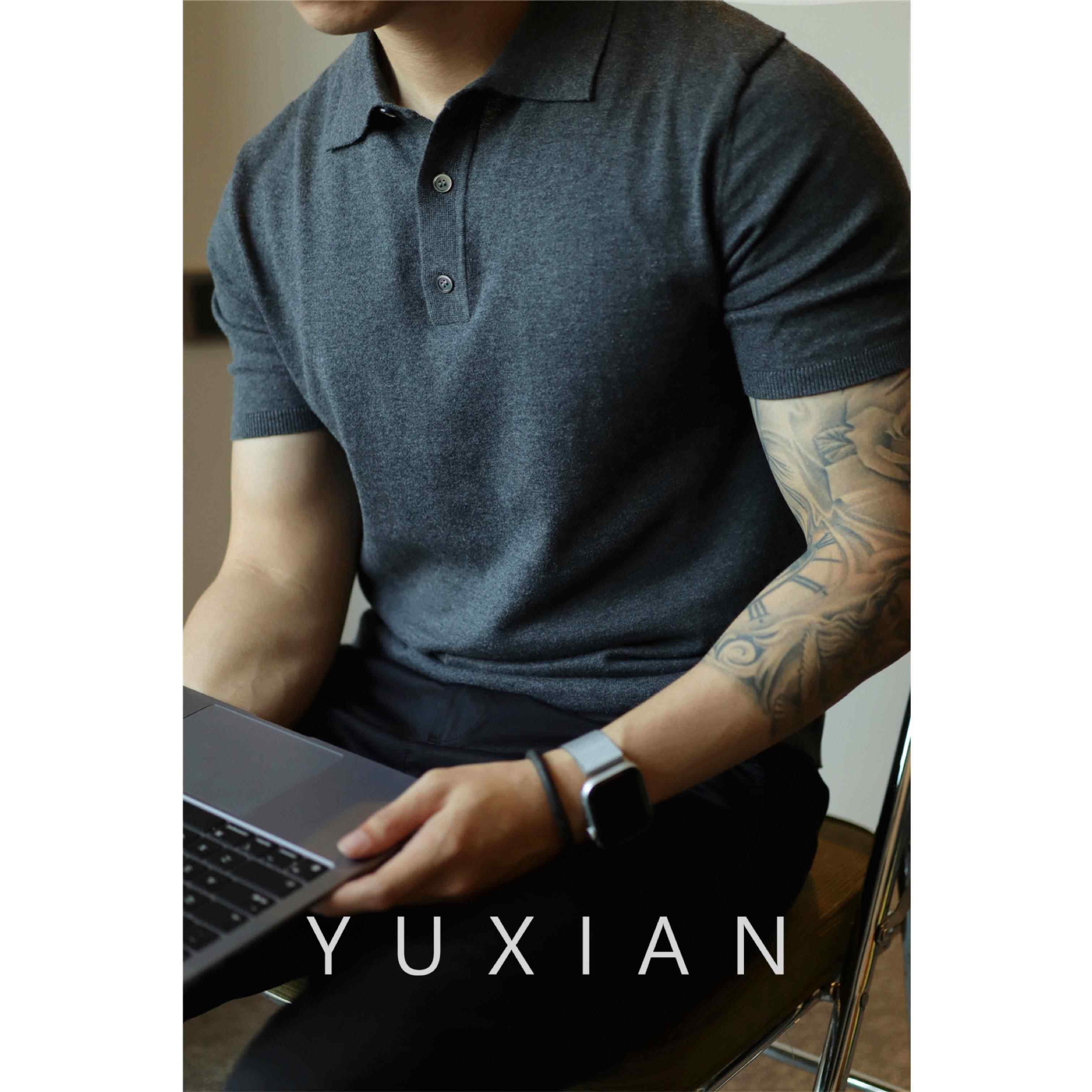 YUXIAN余 余闲 针织POLO衫纯色轻熟覆古通勤基础T恤纯棉男士短袖