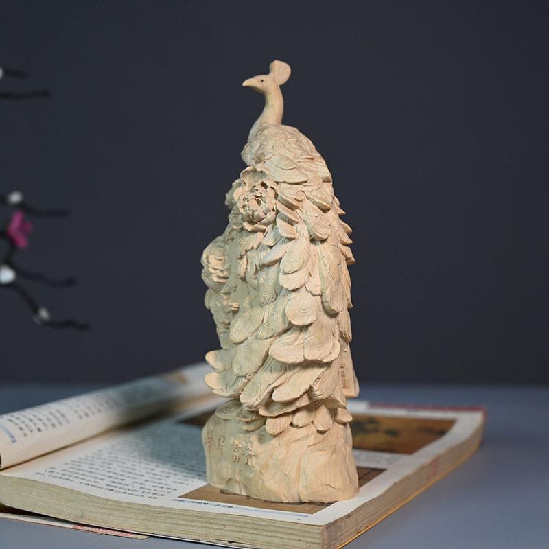 小叶黄杨木雕刻孔雀桌面摆件客厅装饰品摆饰实木雕刻木质工艺品