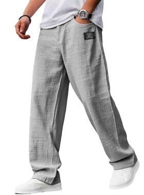 Men's cotton and linen fabric embroidered logo drawstring