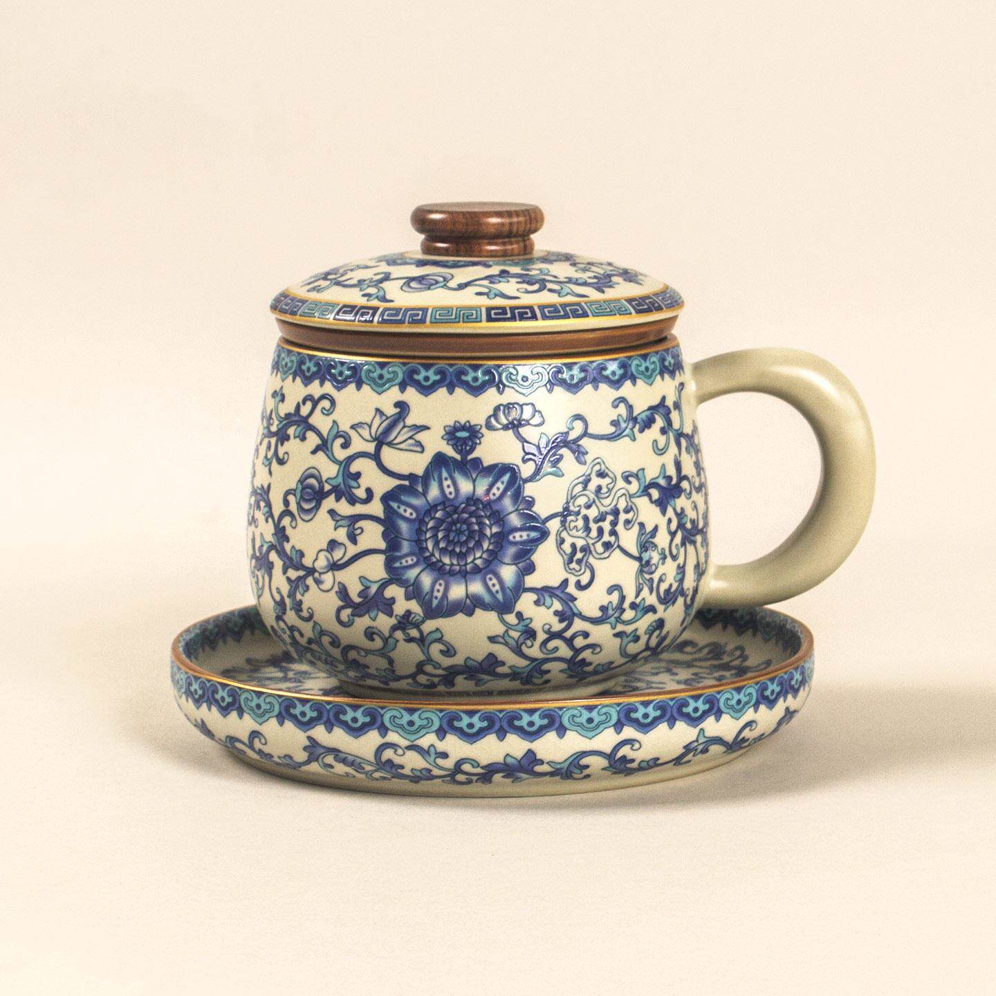 青花汝窑泡茶杯陶瓷带盖子茶水分离水杯个人专用缠枝莲办公马克杯