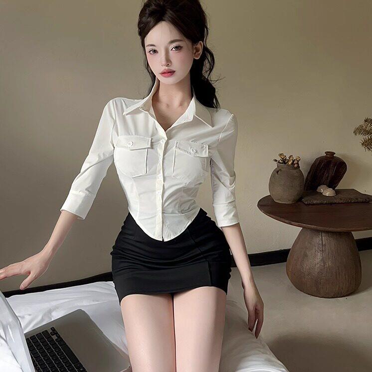 职业装套装白色衬衫女长袖修身收腰气质足浴技师工作服足疗