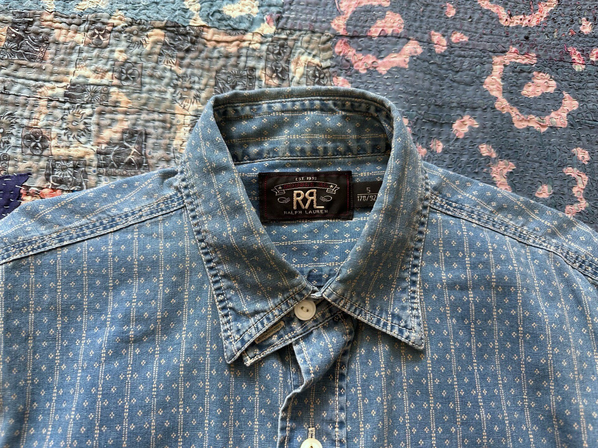 RRL Indigo Washed Distressed Striped Shirt — detail