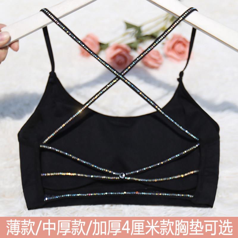美背吊带小背心细带冰丝网红防走光裹胸聚拢夏带胸垫镶钻抹胸内衣