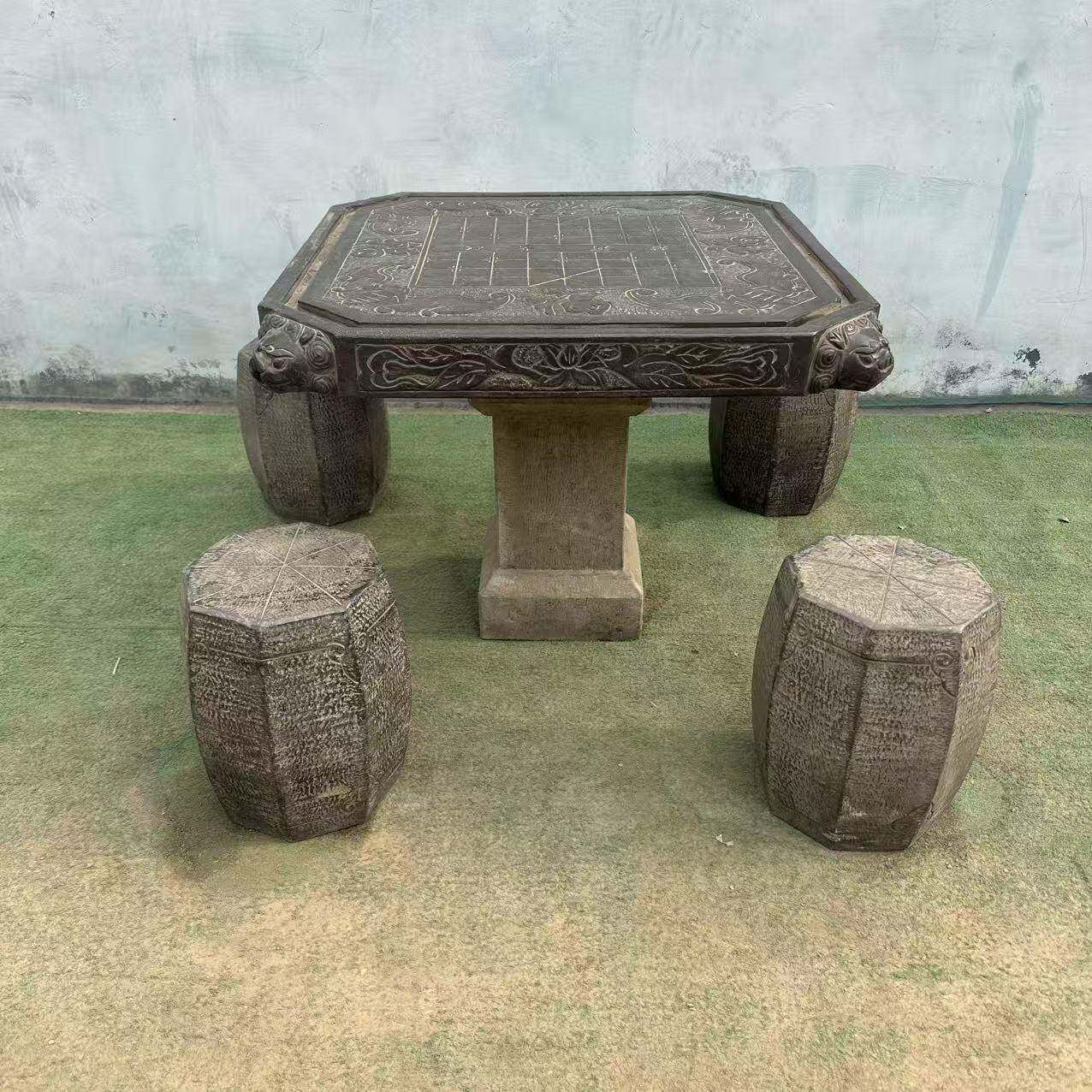 仿古青石石桌凳庭院带棋盘石桌椅组合花园方形石头桌子花园棋桌
