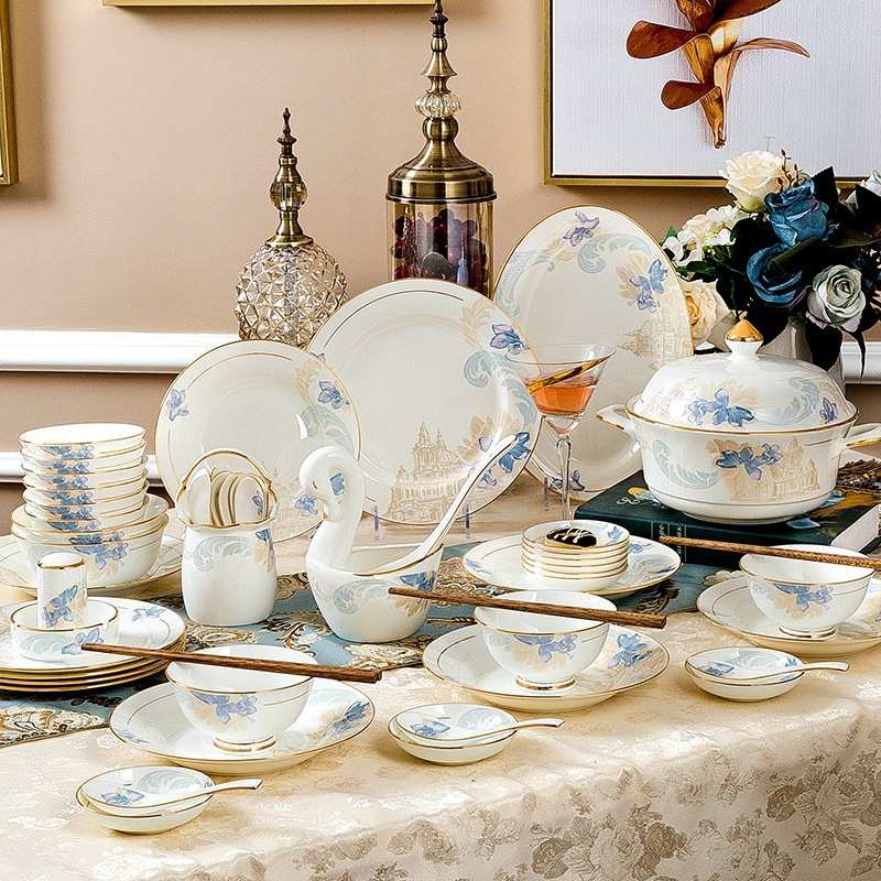 陶瓷餐具套装家用景德镇骨瓷餐具手工描金碗盘筷创意礼品瓷器套装