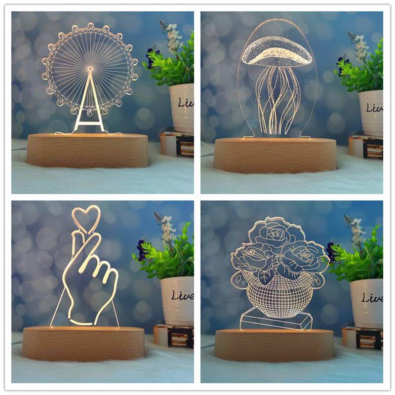 榉木椭圆形木头USB插电LED亚克力灯3D灯礼品灯支持DIY