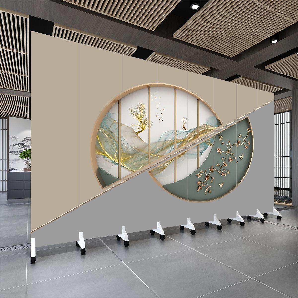 新中式屏风隔断墙客厅折叠移动办公室内养生馆饭店简易遮挡山水画