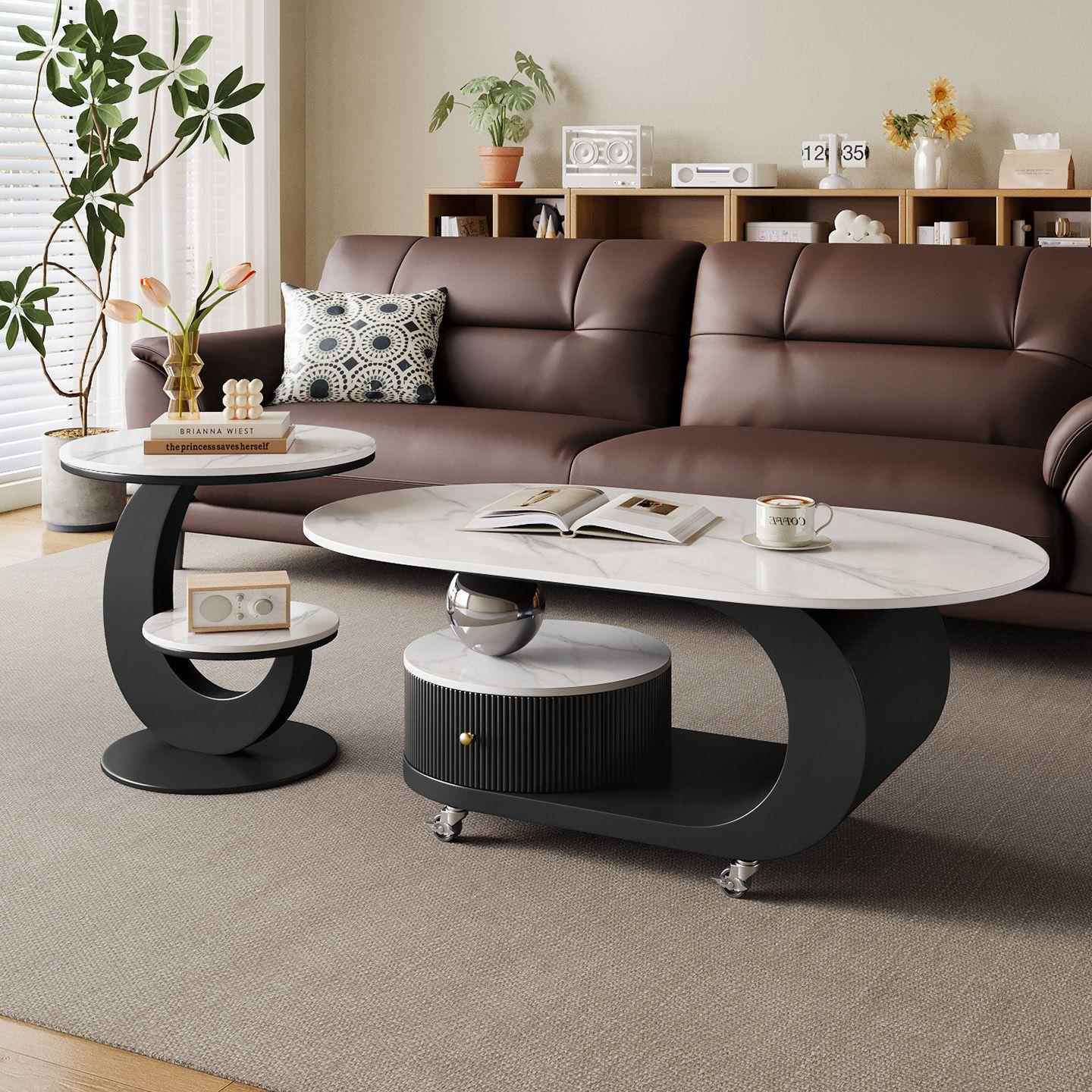 意式岩板茶几客厅移动家用椭圆形小户型新款现代简约轻奢组合