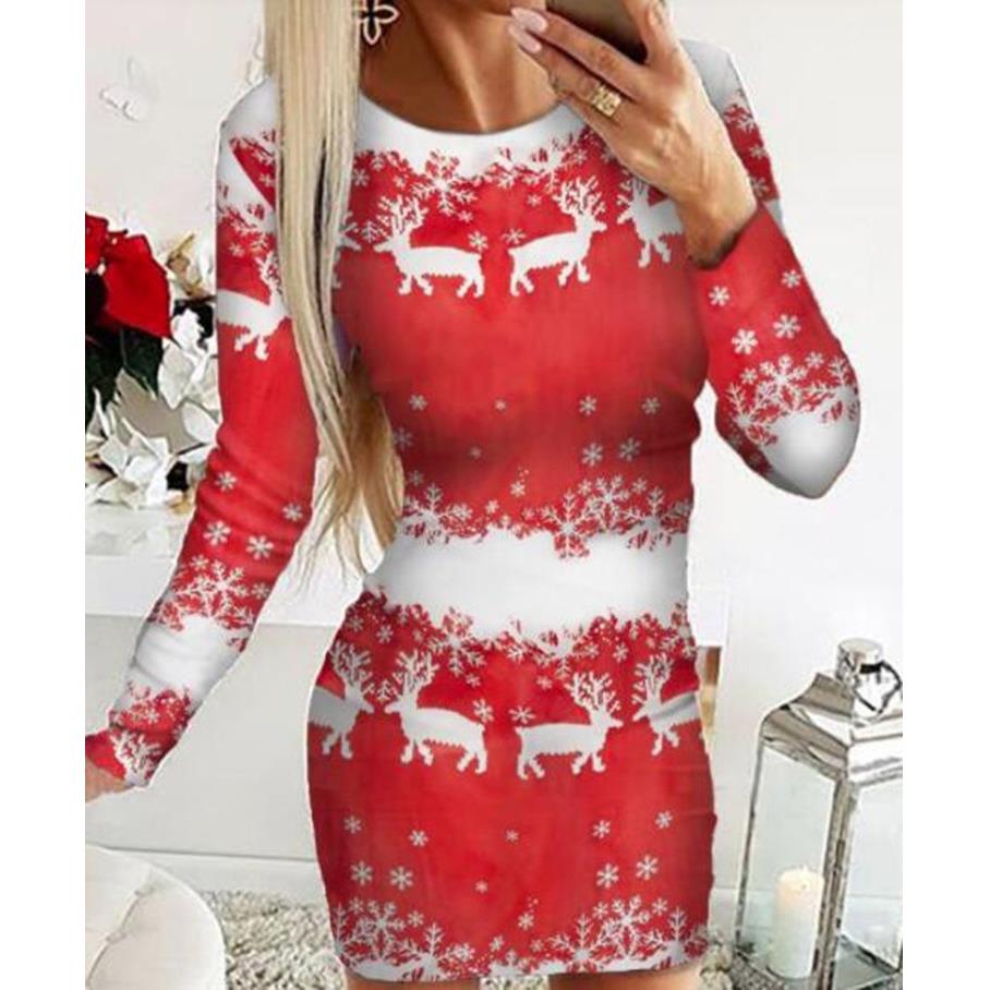 dress slim long-sleeved digital elements Christmas dress