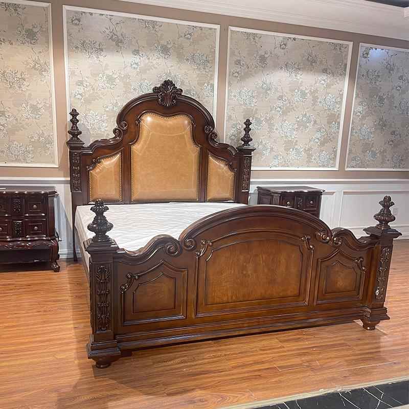 美实木床双人1.柱8米主卧雕床花欧RX1001#式床子床婚床复古式皮艺