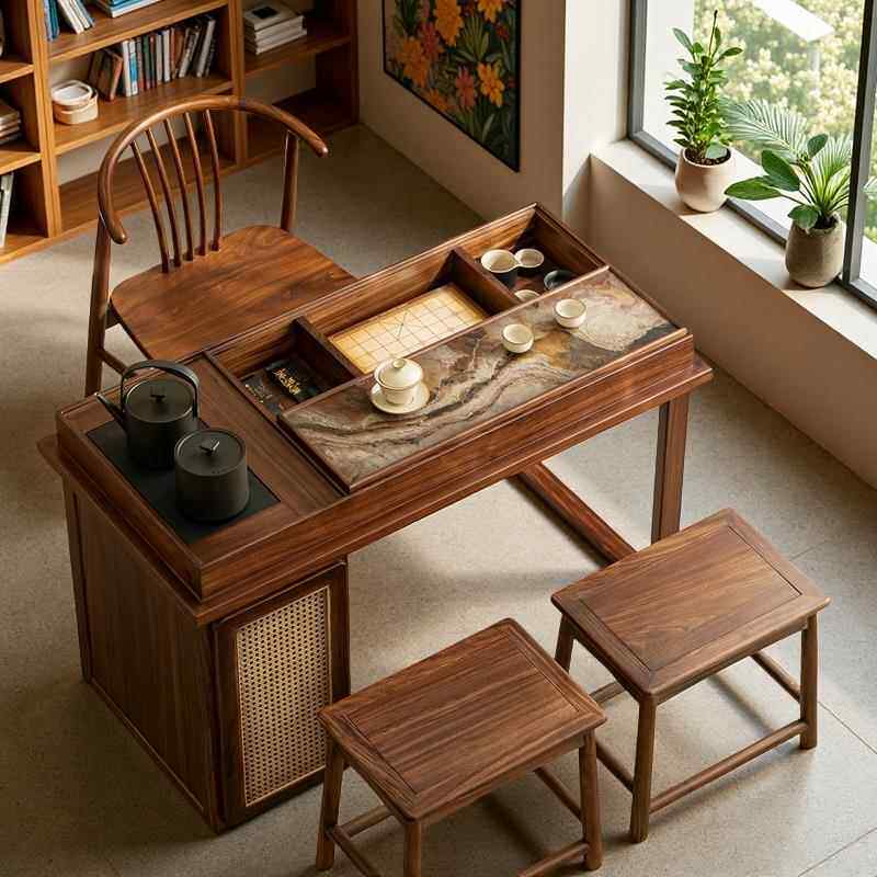 新中式阳台茶桌2025新款实木多功能泡茶桌小户型收纳桌椅组合一体