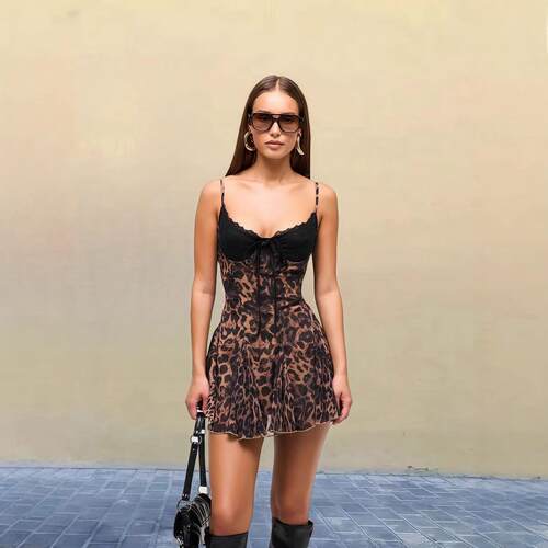Women's 2026 Spring Leopard Print Lace Splicing Slip Dress