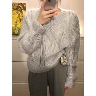 针织厚设计 软糯慵懒风格 法国温柔 蓝色马海毛套头针织秋冬女衫