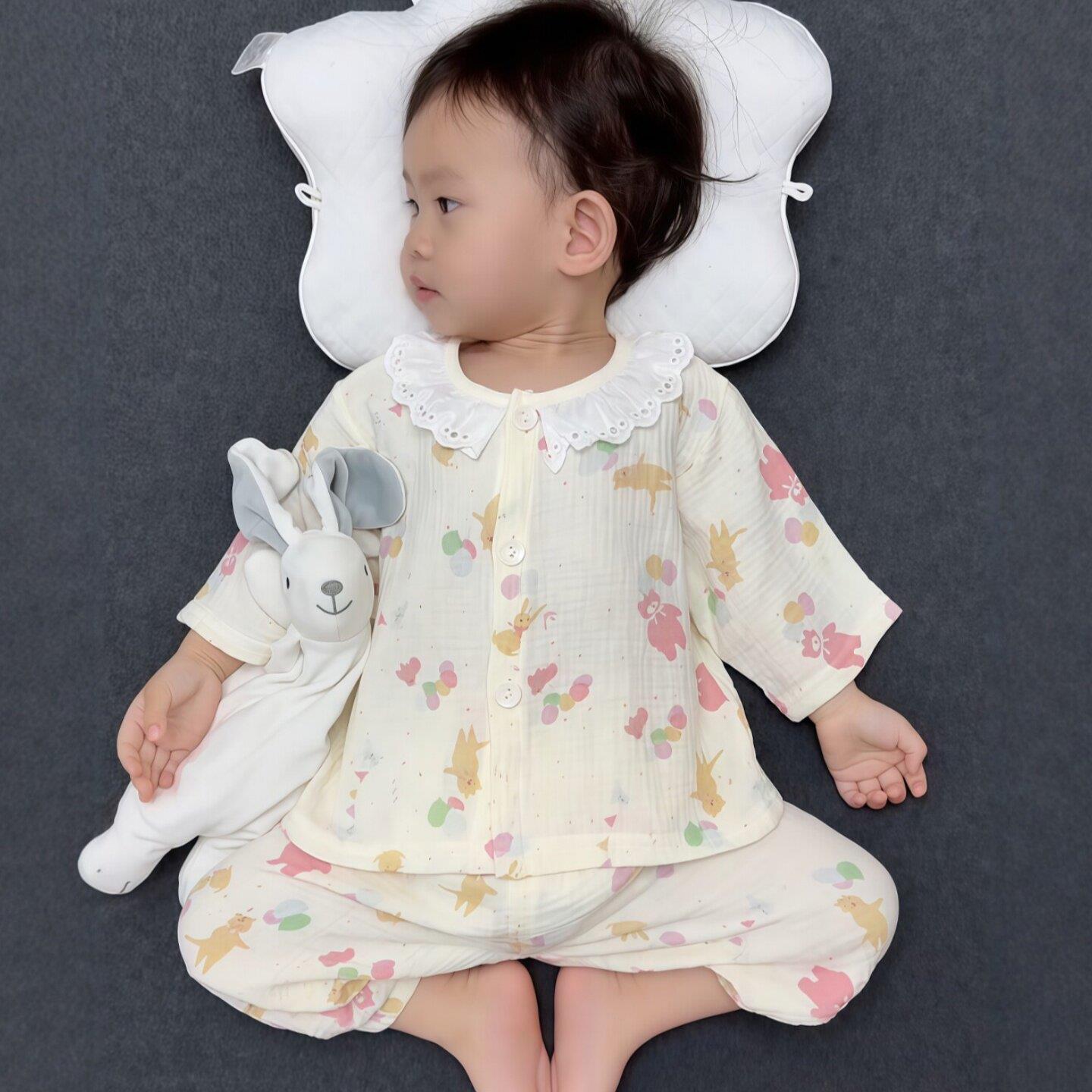 宝宝睡衣夏薄款双层纱布a类空调服婴儿卡通印花长袖开衫套装