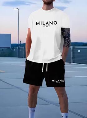 Set Men's Letter Print Tee & Drawstring Waist Shorts Pyjama